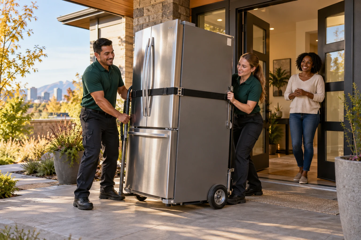 A team delivering a new appliance to a homeowner