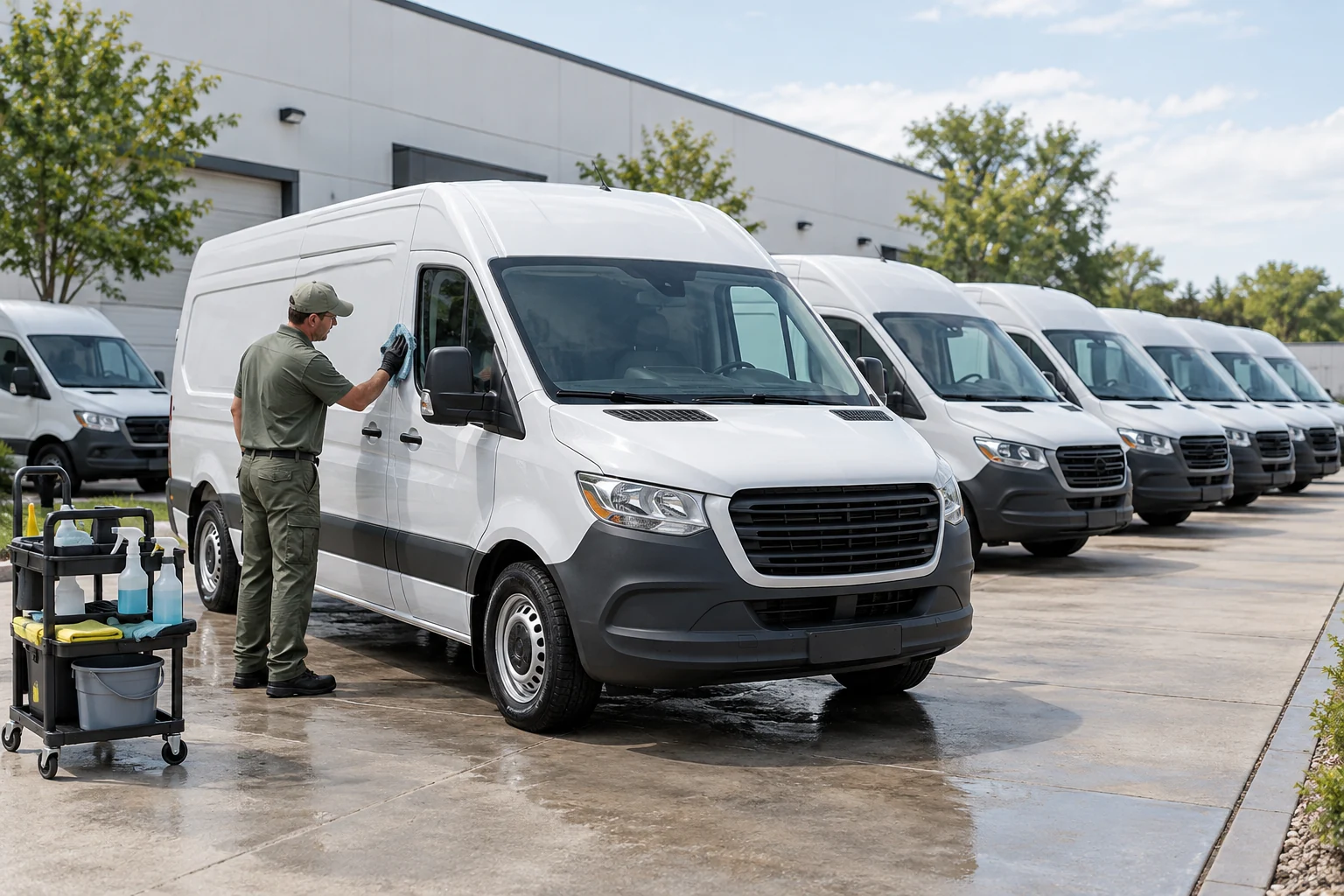 Illustrative mobile detailing team caring for a commercial vehicle fleet