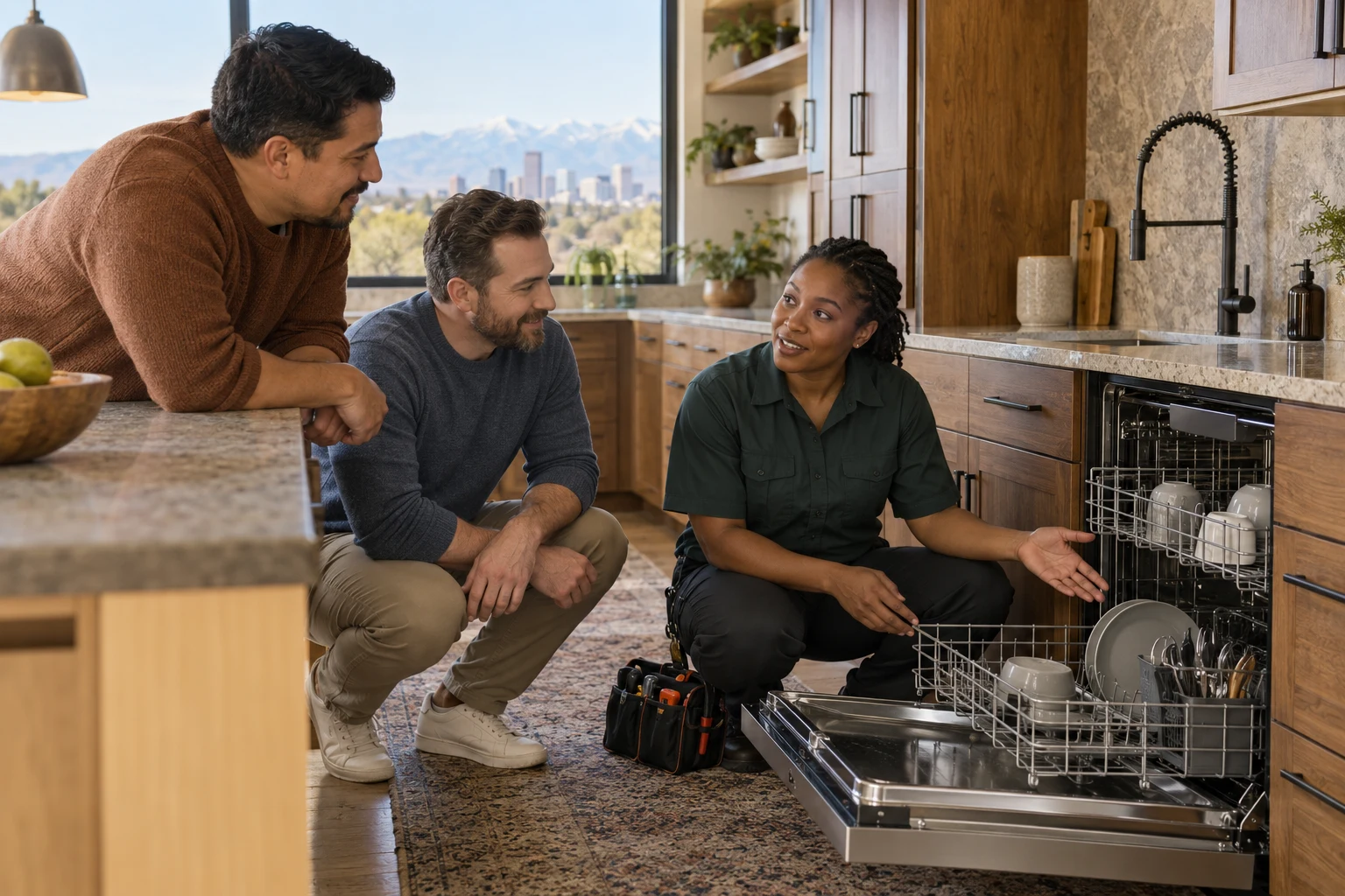 A technician helping homeowners with their dishwasher