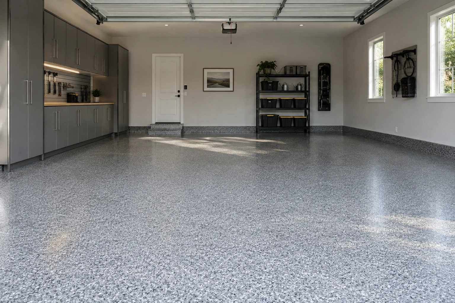 Illustrative residential epoxy flake garage floor