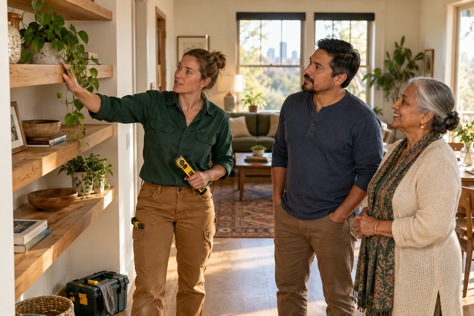 A home service professional helping a smiling couple with a project in their bright living room