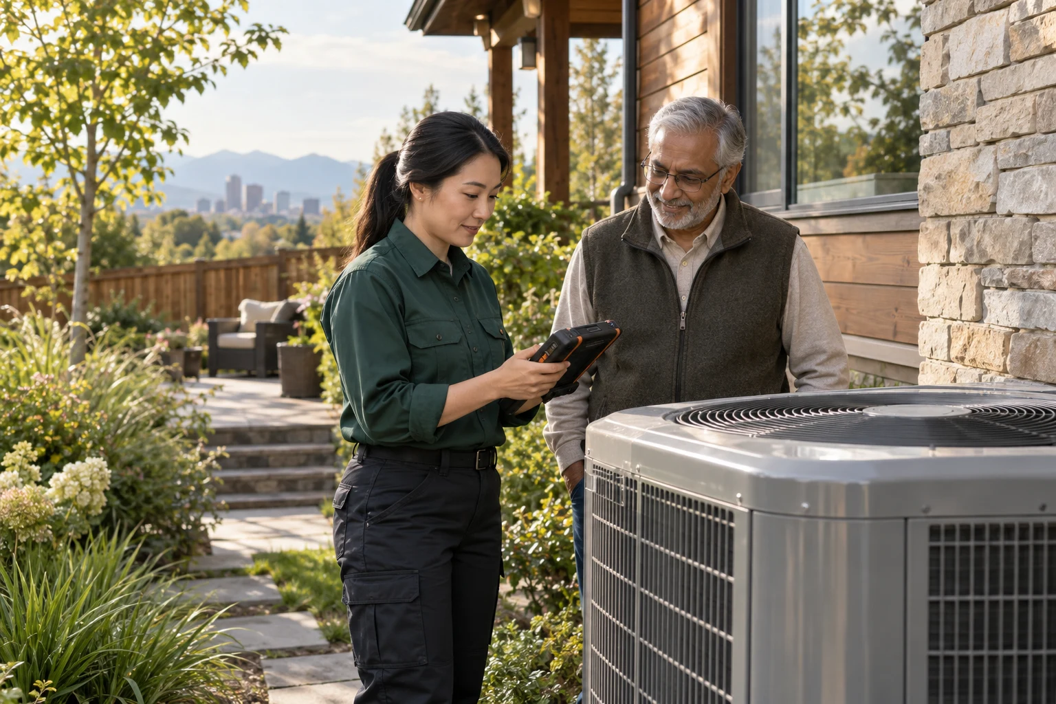 A technician helping a homeowner with their heating and cooling system