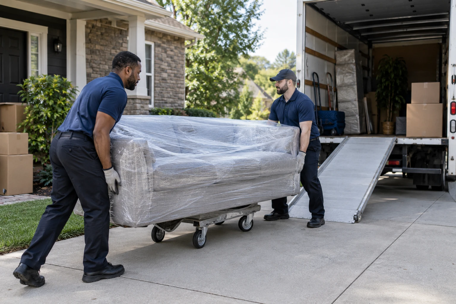 Illustrative moving crew safely moving household furniture