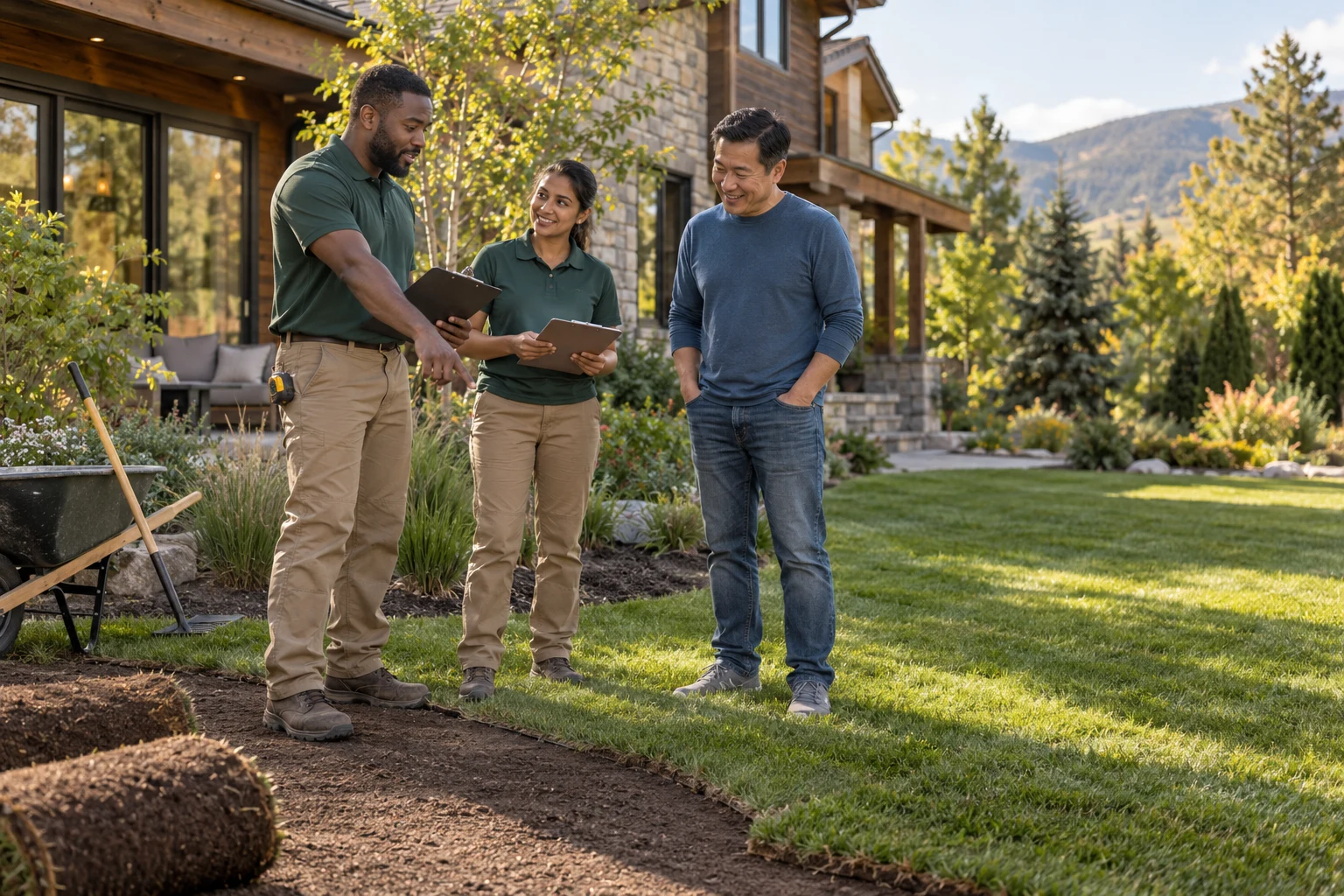 A team helping a homeowner in their garden