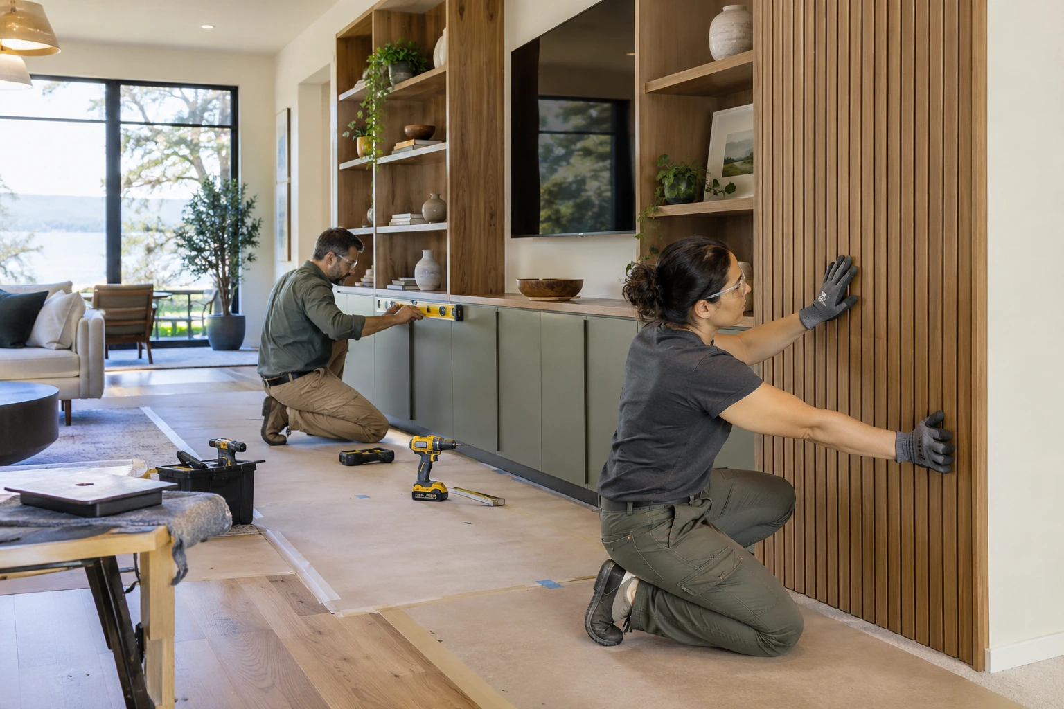 Illustrative remodeling crew finishing a modern interior