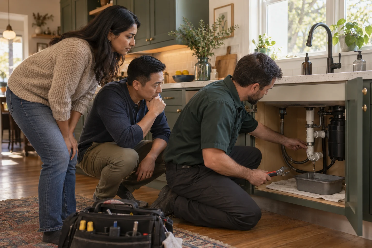 A plumber and homeowners checking a kitchen sink